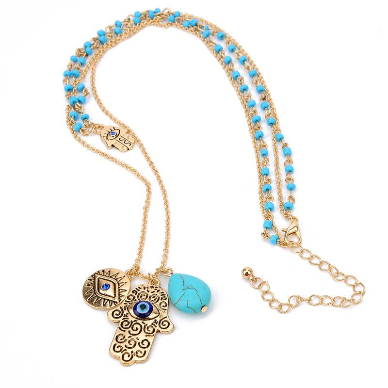 Turquoise Hamsa Evil Eye Necklace, Pendant Set - KarmaLucky