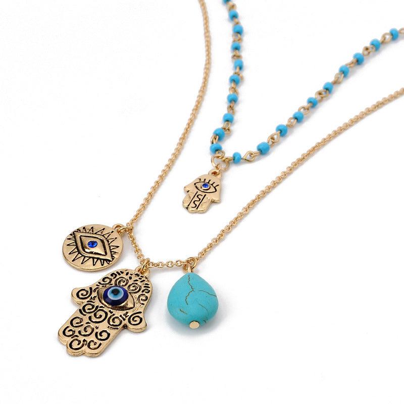 Turquoise Hamsa Evil Eye Necklace, Pendant Set - KarmaLucky