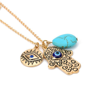 Turquoise Hamsa Evil Eye Necklace, Pendant Set - KarmaLucky