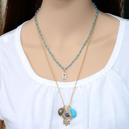 Turquoise Hamsa Evil Eye Necklace, Pendant Set - KarmaLucky