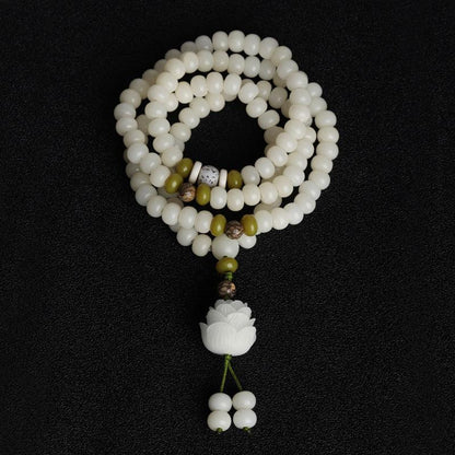 White Jade Mala Beads, Lotus Pendants Bodhi Necklace Bracelets, Healing Spirit, Meditation, Prayer Bracelets - KarmaLucky