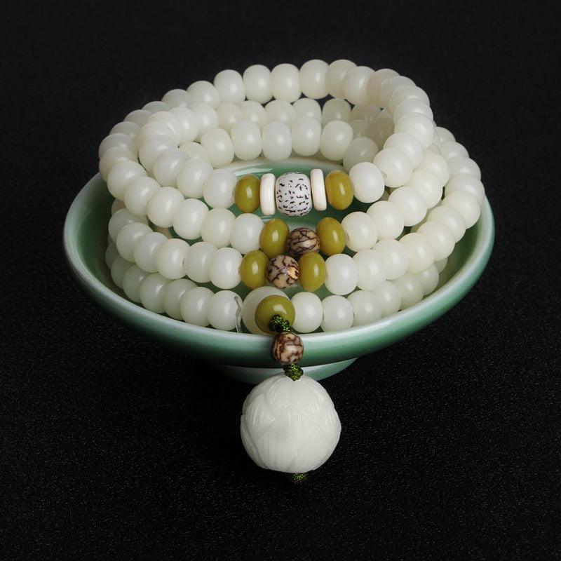 White Jade Mala Beads, Lotus Pendants Bodhi Necklace Bracelets, Healing Spirit, Meditation, Prayer Bracelets - KarmaLucky