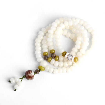 White Jade Mala Beads, Lotus Pendants Bodhi Necklace Bracelets, Healing Spirit, Meditation, Prayer Bracelets - KarmaLucky