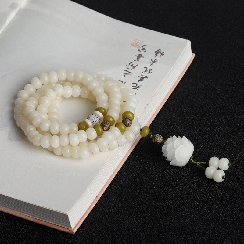 White Jade Mala Beads, Lotus Pendants Bodhi Necklace Bracelets, Healing Spirit, Meditation, Prayer Bracelets - KarmaLucky