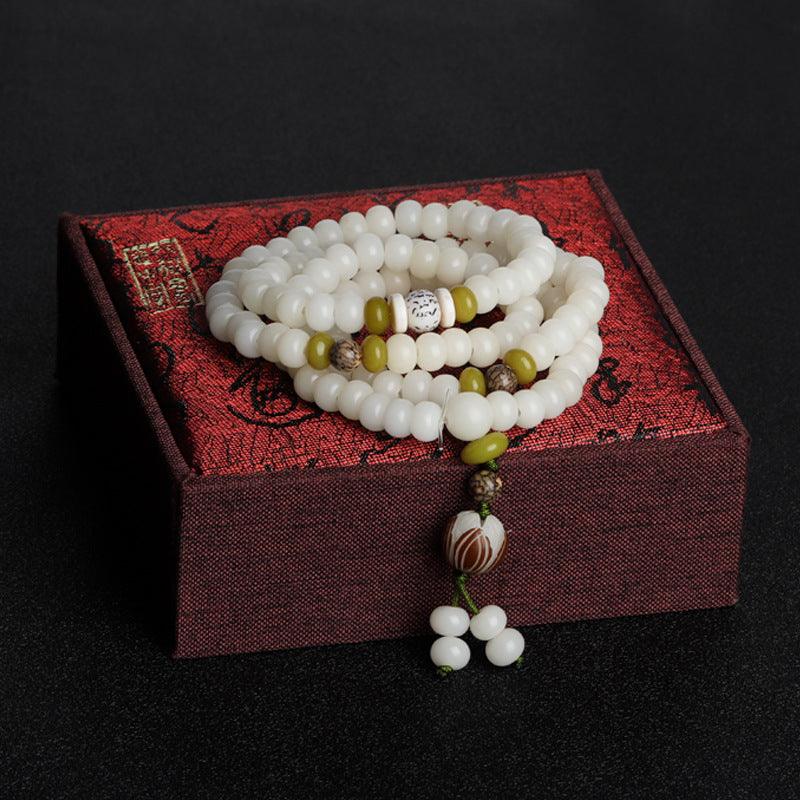 White Jade Mala Beads, Lotus Pendants Bodhi Necklace Bracelets, Healing Spirit, Meditation, Prayer Bracelets - KarmaLucky