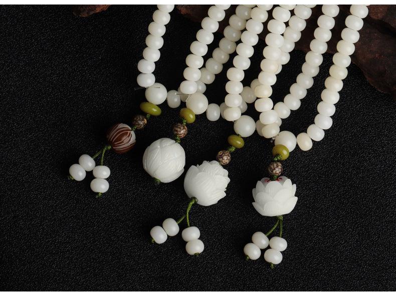 White Jade Mala Beads, Lotus Pendants Bodhi Necklace Bracelets, Healing Spirit, Meditation, Prayer Bracelets - KarmaLucky