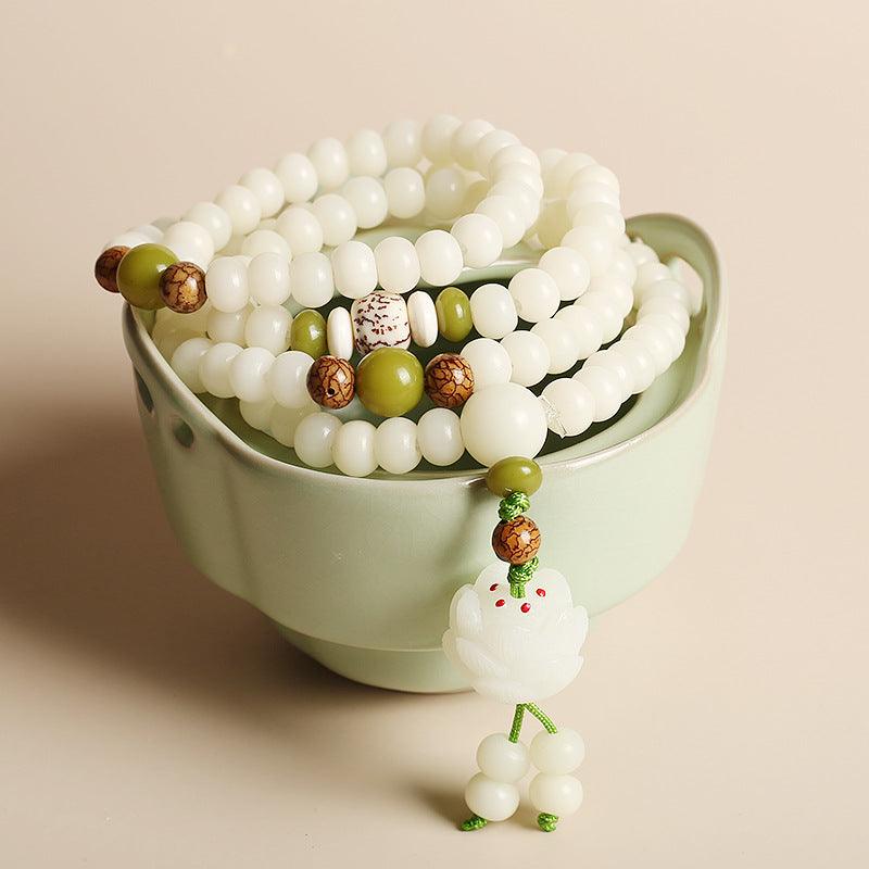 White Jade Mala Beads, Lotus Pendants Bodhi Necklace Bracelets, Healing Spirit, Meditation, Prayer Bracelets - KarmaLucky