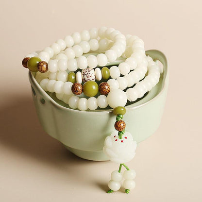 White Jade Mala Beads, Lotus Pendants Bodhi Necklace Bracelets, Healing Spirit, Meditation, Prayer Bracelets - KarmaLucky