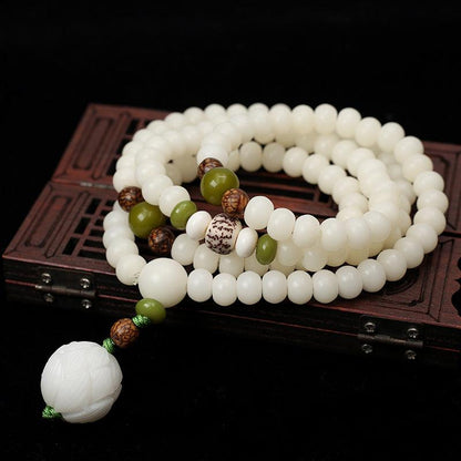 White Jade Mala Beads, Lotus Pendants Bodhi Necklace Bracelets, Healing Spirit, Meditation, Prayer Bracelets - KarmaLucky