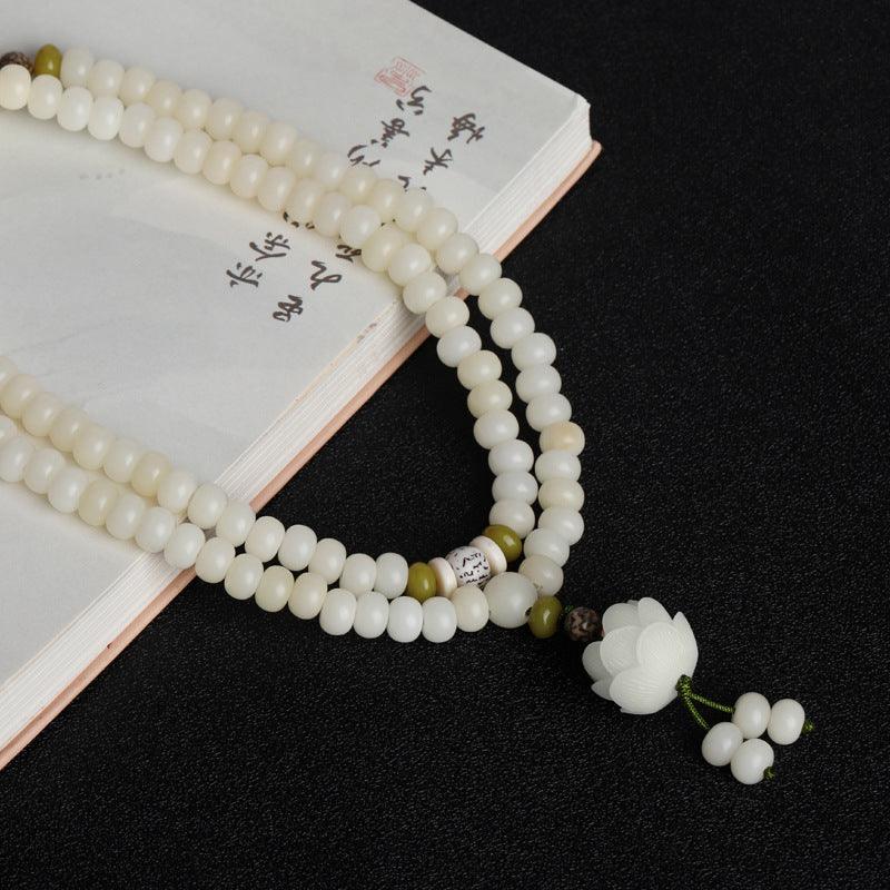 White Jade Mala Beads, Lotus Pendants Bodhi Necklace Bracelets, Healing Spirit, Meditation, Prayer Bracelets - KarmaLucky