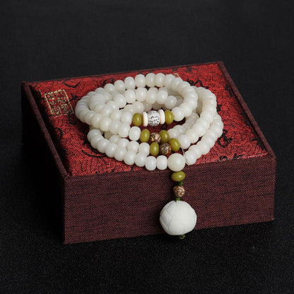 White Jade Mala Beads, Lotus Pendants Bodhi Necklace Bracelets, Healing Spirit, Meditation, Prayer Bracelets - KarmaLucky