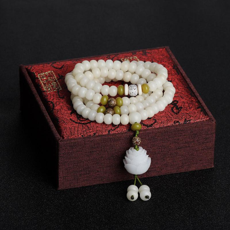 White Jade Mala Beads, Lotus Pendants Bodhi Necklace Bracelets, Healing Spirit, Meditation, Prayer Bracelets - KarmaLucky