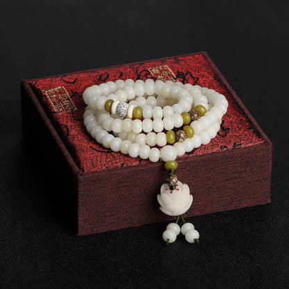 White Jade Mala Beads, Lotus Pendants Bodhi Necklace Bracelets, Healing Spirit, Meditation, Prayer Bracelets - KarmaLucky