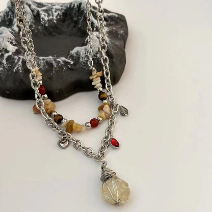 Wishing Stone Necklace-Raw Citrine Pendant, Tiger Eye Stone Crystal Necklace, Natural Gemstones, 2 Thick Chains - KarmaLucky